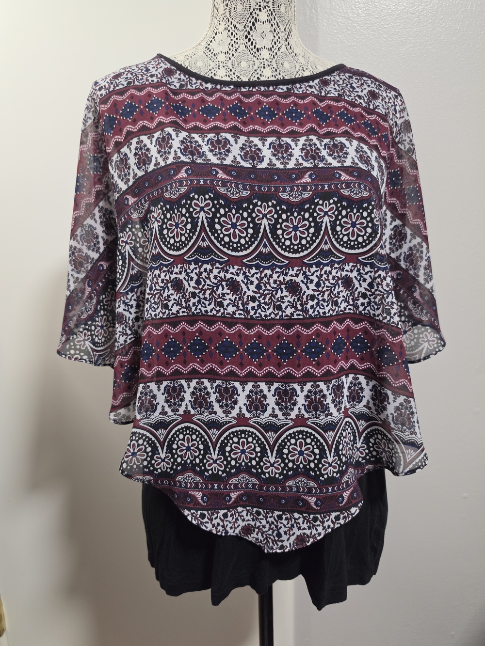 AB Studio Large Boho Paisley Layered High Low Tunic Top Poncho